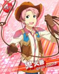  1boy brown_gloves card_(medium) character_name cowboy cowboy_hat gloves hat headset holding holding_rope idolmaster idolmaster_side-m kabuto_daigo lasso long_sleeves looking_at_viewer official_art open_mouth pink_background pink_hair rope sheriff_badge solo teeth upper_teeth_only 