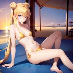  1girl ai-generated beach bikini blonde_hair blue_eyes blush breasts collarbone double_bun gold_bikini hair_between_eyes hair_bun highres long_hair looking_at_viewer navel sailor_moon sand sitting small_breasts solo swimsuit tsukino_usagi twintails water 