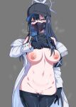  1girl absurdres black_gloves blue_archive blue_eyes blue_hair breasts censored clothes_pull coat drooling gloves gozaru grey_background halo heart heart_censor highres lifted_by_self long_hair looking_at_viewer mask navel nipples pants pants_pull pussy_juice saori_(blue_archive) simple_background solo 