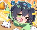  &gt;_o 1girl ;d @_@ alcohol arm_up bare_shoulders beer beer_mug black_hair blush breasts cleavage commentary_request cup drooling drunk green_eyes green_shirt headphones highres holding holding_cup kyoumachi_seika large_breasts long_sleeves looking_at_viewer milkpanda mouth_drool mug nose_blush notice_lines off_shoulder one_eye_closed shirt sleeves_past_fingers sleeves_past_wrists smile solo sunburst sunburst_background translation_request voiceroid 