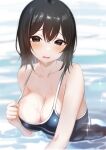  1girl akitsu_maru_(kancolle) black_hair blue_one-piece_swimsuit breasts cleavage commentary_request competition_school_swimsuit hair_between_eyes highres kantai_collection large_breasts looking_at_viewer one-piece_swimsuit partially_submerged sakieko school_swimsuit short_hair solo swimsuit upper_body water wet wet_clothes wet_swimsuit 