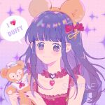  1girl :3 animal_ear_hairband animal_ears bare_arms bear_ears blunt_bangs blush_stickers bow bowtie breasts brown_hairband buckle chinese_commentary choker cleavage closed_mouth collarbone collared_shirt colored_eyelashes commentary_request dress english_text food frilled_choker frilled_dress frills fruit gradient_background hair_bow hair_ornament hairband hairclip heart heart-shaped_buckle highres holding holding_stuffed_toy long_hair multicolored_nails nail_polish neckerchief original pink_background pink_nails polka_dot polka_dot_background purple_background purple_eyes purple_hair red_bow red_bowtie red_choker red_dress red_nails red_neckerchief sailor_collar sailor_shirt sample_watermark shirt short_sleeves sidelocks sleeveless sleeveless_dress smile solo spaghetti_strap sparkle sparkling_eyes speech_bubble strawberry stuffed_animal stuffed_toy teddy_bear two-tone_background upper_body watermark white_headwear white_sailor_collar white_shirt yeshisi 