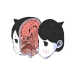  1other anatomy androgynous bisected black_eyes black_hair blue_eyes blush brain commentary head_only highres horns oni_horns opossumachine original revision short_hair simple_background solo symbol-only_commentary tareme uvula white_background 