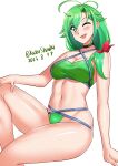  1girl absurdres alternate_costume antenna_hair bikini breasts cleavage criss-cross_halter dated feet_out_of_frame green_bikini green_eyes green_hair hair_over_shoulder halterneck highres kantai_collection katou_shinobu lips matsu_(kancolle) medium_breasts one-hour_drawing_challenge one_eye_closed simple_background sitting smile solo swimsuit twitter_username white_background 