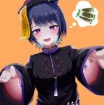  1girl alternate_costume black_jacket blue_hair blush chinese_clothes diamond-shaped_pupils diamond_(shape) drooling foreshortening grey_choker halloween_costume hat highres jacket jiangshi koshimizu_toru long_sleeves looking_at_viewer mole mole_under_eye nijisanji ofuda open_mouth orange_background outstretched_arms purple_eyes purple_nails qing_guanmao red_headwear smile solo swept_bangs symbol-shaped_pupils thought_bubble virtual_youtuber wide_sleeves yutyut06436439 zombie_pose 