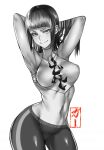  1girl absurdres armpits arms_behind_head black_hair black_pants blunt_bangs breasts closed_mouth crop_top eye_(mememem) greyscale han_juri highres hime_cut large_breasts long_hair looking_at_viewer midriff monochrome multicolored_hair navel pants presenting_armpit shirt simple_background sleeveless sleeveless_shirt smile solo stomach street_fighter street_fighter_v two-tone_hair v-shaped_eyebrows white_background white_shirt yoga_pants 