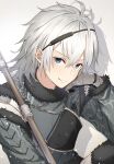  1boy blue_eyes fur-trimmed_sleeves fur_collar fur_trim highres long_sleeves looking_at_viewer male_focus medium_hair nier nier_(series) nier_(young) nier_reincarnation polearm smile usami_(usami_l) weapon white_hair 