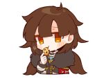 1girl ahoge armband blue_necktie brown_hair chocolate_chip_cookie colored_eyelashes commentary_request cookie e.g.o_(project_moon) eating employee_(lobotomy_corporation) food fur-trimmed_jacket fur_trim grey_jacket holding holding_cookie holding_food hoshizuki_sakusa jacket lobotomy_corporation long_sleeves necktie orange_eyes project_moon red_armband shirt simple_background solo twintails white_background white_shirt 