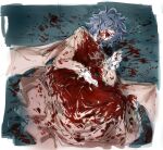  1girl blood blood_on_clothes blood_on_face blood_on_ground blue_background blue_hair derivative_work dress hair_over_eyes highres jiyouer juliet_sleeves laughing long_sleeves lying messy_hair on_floor pink_dress pointy_ears puffy_sleeves remilia_scarlet sharp_teeth teeth touhou wings 