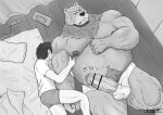  anthro bear bed_sheet bedding big_penis duo embrace erection eyes_closed fur genitals hair hiroji080 holding_arm holding_partner hug human human_on_anthro interspecies larger_anthro larger_male male male/male mammal musclegut muscular muscular_anthro muscular_male nipples pecs penis penis_through_underwear pillow signature size_difference sleeping smaller_human smaller_male 