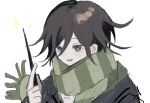  1boy :d black_hair brown_scarf danganronpa_(series) danganronpa_v3:_killing_harmony flipped_hair hair_between_eyes hand_up highres holding holding_wand male_focus oma_kokichi pink_eyes scarf simple_background smile solo striped striped_scarf upper_body wa_noko wand white_background 
