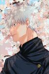  1boy black_jacket blue_eyes buttons cherry_blossoms commentary fushirun_rung gojou_satoru highres jacket jujutsu_kaisen long_sleeves looking_to_the_side male_focus outdoors parted_lips short_hair smile solo symbol-only_commentary white_hair 