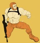 1boy abs artist_name assault_rifle bara beard biceps boots bulge chest_harness denim facial_hair fate/zero fate_(series) gun harness iskandar_(fate) jeans large_pectorals looking_to_the_side male_focus manly mature_male muscular muscular_male pants pectorals red_hair rifle scar signature simple_background smirk solo t_r_t26 thick_arms thick_eyebrows thick_thighs thighs weapon yellow_background 
