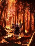  1boy burning burning_forest butterfly_wings facing_away fate/grand_order fate_(series) forest from_behind full_body highres nature oberon_(fate) orange_theme painterly perspective scenery solo spread_wings standing t0da tree wings 