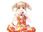  1girl :d blonde_hair bow brown_hair cowboy_shot dress dress_bow flower frilled_dress frills fukuda_fukutarou hand_on_own_chest holding holding_microphone idol idoly_pride kawasaki_sakura_(idoly_pride) looking_at_viewer microphone open_mouth orange_dress orange_eyes plaid plaid_dress short_hair short_sleeves simple_background smile solo twintails white_background wrist_cuffs 