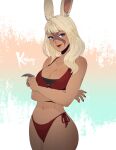  animal_ears artist_name bikini blonde_hair blue_eyes blunt_bangs breasts claw_ring cleavage commission cowboy_shot crossed_arms dark-skinned_female dark_skin facepaint final_fantasy final_fantasy_xiv highres koyorin large_breasts long_hair looking_at_viewer rabbit_ears side-tie_bikini_bottom swimsuit two-tone_bikini viera warrior_of_light_(ff14) 