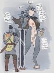  absurd_res anthro armor braided_hair breasts canid canine canis dialogue english_text female fur genitals grey_body grey_fur hair hi_res holding_object holding_sword holding_weapon human knight larger_anthro larger_female lightningwolt male mammal melee_weapon nipples one_breast_out pussy size_difference smaller_human smaller_male sword text warrior weapon wolf 