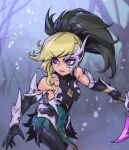  1girl akali bare_shoulders black_gloves blonde_hair breasts brown_hair coven_akali covered_navel elbow_gloves gem gloves holding holding_weapon large_breasts league_of_legends leaning_forward long_hair looking_to_the_side multicolored_hair petals phantom_ix_row pink_eyes solo teeth tree two-tone_hair weapon 