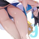  1girl absurdres ass bare_shoulders bent_over black_hair black_panties blue_archive breasts cameltoe cheerleader dog_girl dog_tail english_commentary from_behind from_below hibiki_(blue_archive) hibiki_(cheer_squad)_(blue_archive) highres holding holding_pom_poms khoaphan96 looking_at_viewer looking_back millennium_cheerleader_outfit_(blue_archive) panties pantyshot pom_pom_(cheerleading) simple_background solo standing string_panties tail thighs underwear 