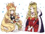 2girls blonde_hair bow butterfly_hair_ornament cape celine_(fire_emblem) circlet crown cup detached_sleeves dress dress_bow fire_emblem fire_emblem:_the_binding_blade fire_emblem_engage fire_emblem_heroes frilled_dress frills fur_trim gem gold_trim green_eyes guinevere_(fire_emblem) hair_ornament highres holding holding_cup jewelry long_hair long_sleeves misato_hao multiple_girls necklace ribbon smile teacup very_long_hair wavy_hair white_background 