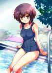  1girl black_one-piece_swimsuit brown_eyes brown_hair commentary_request kashi nagato_yuki one-piece_swimsuit pool pool_ladder poolside school_swimsuit short_hair sitting soaking_feet solo suzumiya_haruhi_no_yuuutsu swimsuit water 