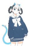  1girl animal_ears bambinata_(punishing:_gray_raven) black_hair blue_eyes blue_sweater bow braid cat_ears cat_tail earrings fake_animal_ears fake_tail hair_ornament hairclip heart heart-shaped_pupils highres jewelry long_sleeves multicolored_hair myam_(123ab456c) punishing:_gray_raven ribbon sailor_collar solo sweater symbol-shaped_pupils tail tail_ornament tail_ribbon twin_braids two-tone_hair white_bow white_hair white_sailor_collar 