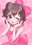  1girl akagi_miria bare_shoulders blush bow brown_eyes brown_hair dress earrings hair_bow highres idolmaster idolmaster_cinderella_girls jewelry one_eye_closed one_side_up open_mouth pink_background pink_bow pink_dress pink_nails romantic_ring short_hair smile solo upper_body 