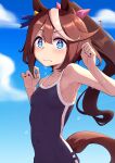  1girl animal_ears armpits bare_shoulders blue_eyes blue_one-piece_swimsuit blue_sky blush breasts brown_hair closed_mouth collarbone commentary_request commission competition_school_swimsuit covered_navel hair_ribbon highres horse_ears horse_girl horse_tail long_hair missile_(55missile) multicolored_hair one-piece_swimsuit pink_ribbon ponytail ribbon school_swimsuit skeb_commission sky small_breasts solo streaked_hair swimsuit tail tokai_teio_(umamusume) umamusume upper_body wavy_mouth white_hair 