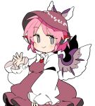  1girl animal_ears bird_ears bird_wings blush brown_dress brown_headwear closed_mouth dress earrings frilled_dress frilled_sleeves frills grey_eyes hat ini_(inunabe00) jewelry long_sleeves looking_at_viewer mystia_lorelei pink_hair short_hair single_earring smile solo touhou white_wings wide_sleeves winged_hat wings 