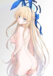  1girl animal_ears ass back blonde_hair blue_archive blue_eyes blue_ribbon blush braid breasts closed_mouth commentary_request completely_nude embarrassed fake_animal_ears from_behind hair_ribbon highres long_hair looking_back medium_breasts nipples nude rabbit_ears ribbon simple_background solo thighhighs toki_(blue_archive) toki_(bunny)_(blue_archive) tomosuke very_long_hair white_thighhighs 