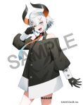  1girl bare_shoulders black_coat black_eyeshadow black_gloves blue_eyes blue_necktie coat collared_shirt cozy demon_horns eyeshadow gloves gradient_necktie hair_ornament hairclip horns jpeg_artifacts levi_elipha levi_elipha_(1st_costume) makeup necktie nijisanji official_art one_eye_closed orange_necktie sample_watermark sharp_teeth shirt short_hair simple_background solo teeth virtual_youtuber watermark white_background white_hair x_hair_ornament 