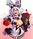  1girl ahoge black_gloves black_nails blizzardingpike blue_eyes bouquet bracelet breasts cleavage_cutout clothing_cutout clover collar dress elphelt_valentine fingerless_gloves flower four-leaf_clover gloves guilty_gear guilty_gear_xrd hairband holding holding_bouquet holding_flower huge_ahoge jewelry large_breasts looking_at_viewer medium_hair nail_polish open_mouth petals red_flower red_rose rose rose_petals smile spiked_bracelet spiked_collar spiked_hairband spikes wedding_dress white_dress white_hair 