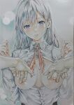  1boy 1girl blue_eyes breasts breasts_out collared_shirt grey_hair hands_up highres katsu_(24791909) long_hair looking_at_viewer medium_breasts neck_ribbon nipple_tweak nipples no_bra open_clothes open_shirt original partially_unbuttoned pov pov_hands red_ribbon ribbon shirt spread_nipple traditional_media upper_body wet white_shirt 