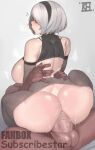  1boy 1girl absurdres ass bare_shoulders black_blindfold black_hairband blindfold blush breasts closed_mouth cowgirl_position elbow_gloves from_behind girl_on_top gloves grey_background grey_hair hairband hetero highres huge_penis kelvin_hiu large_breasts mole mole_under_mouth nier:automata nier_(series) penis short_hair simple_background solo_focus straddling testicles torso_grab yorha_no._2_type_b 