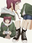  alternate_costume camera cigarette converse flcl green_jacket highres holding holding_camera hood hoodie jacket pink_punk_ponk red_hair samejima_mamimi shorts simple_background smoking white_background white_hoodie 