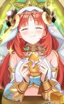  1girl :t ^_^ bare_shoulders blunt_bangs blush closed_eyes commentary_request crop_top facing_viewer fake_horns food genshin_impact holding holding_food horns jewelry long_hair long_sleeves midriff neck_ring nilou_(genshin_impact) red_hair shinsekki smile solo upper_body veil very_long_hair 