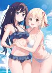  .com_(bot_com1) 2girls :d bare_arms bare_shoulders bikini black_hair blonde_hair blue_bikini blue_sky bob_cut breasts bubble cleavage closed_mouth cloud collarbone cowboy_shot day dot_nose frilled_bikini frills hair_ribbon hand_on_another&#039;s_shoulder hand_on_another&#039;s_waist highres holding_hands inoue_takina interlocked_fingers large_breasts lens_flare light_blush light_rays long_hair looking_at_viewer lycoris_recoil medium_breasts multi-strapped_bikini multiple_girls navel nishikigi_chisato ocean open_mouth outdoors purple_eyes red_eyes red_ribbon ribbon short_hair sky smile stomach sunbeam sunlight swimsuit water white_bikini 