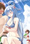  1boy 2girls absurdres alcohol aqua_(konosuba) arm_grab ball bare_arms bare_legs bare_pectorals beach beachball beer bikini blue_bikini blue_eyes blue_hair blush breasts brown_hair drunk embarrassed flower green_shorts hair_flower hair_ornament highres jealous kono_subarashii_sekai_ni_shukufuku_wo! long_hair megumin multiple_girls open_mouth pectorals red_bikini red_ribbon ribbon satou_kazuma shorts sitting sky surprised swimsuit thighhighs user_rrxn8224 