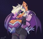  anthro areola areola_slip bat big_breasts black_nose bodysuit breasts brown_nipples cleavage clothed clothing ear_piercing female galacticmichi green_eyes hair hair_over_eye looking_at_viewer mammal multicolored_hair nipples one_eye_obstructed piercing purple_hair rouge_the_bat sega skinsuit solo sonic_the_hedgehog_(series) standing tight_clothing watermark white_hair 
