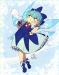  1girl =3 blue_dress blue_eyes blue_footwear blue_hair blue_ribbon bright_pupils cirno collared_shirt commentary_request dress frilled_sleeves frills full_body grin hair_ribbon highres mary_janes neck_ribbon petticoat pinafore_dress puffy_short_sleeves puffy_sleeves red_ribbon ribbon shirt shoes short_hair short_sleeves sleeve_ribbon sleeveless sleeveless_dress smile smug solo touhou white_pupils white_shirt yukkyon_kyon 