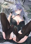  1girl animal_ears black_gloves black_panties black_thighhighs blue_archive blush breasts catsmoon cleavage closed_mouth collarbone extra_ears feet gloves green_eyes grey_hair hair_ornament halo highres knees_apart_feet_together knees_up large_breasts legs long_hair looking_at_viewer no_shoes panties revision see-through shiroko_(blue_archive) shiroko_(terror)_(blue_archive) soles solo thighhighs thighs toenails toes underwear wolf_ears 