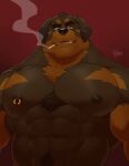  2023 abs absurd_res anthro biceps black_body black_fur black_nipples brown_body brown_eyes brown_fur button_ears canid canine canis chest_tuft cigarette clothed clothing deltoids domestic_dog ear_scar floppy_ears fur hi_res looking_at_viewer male mammal mastiff molosser muscular muscular_anthro muscular_male nipple_piercing nipple_ring nipples notched_eyebrow pecs piercing pubes red_background ring_piercing rottweiler scar signature simple_background smoking smoking_cigarette solo takemoto_arashi topless tuft 