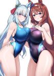  2girls alternate_costume animal_ears armpits blue_eyes blush braid breast_press breasts brown_hair collarbone commentary_request competition_swimsuit crown_braid herohero_(higashi_no_dou) highres horse_ears large_breasts long_hair looking_at_viewer mejiro_ardan_(umamusume) multiple_girls one-piece_swimsuit purple_eyes simple_background smile super_creek_(umamusume) swimsuit umamusume white_background 