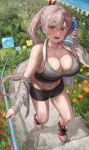  1girl bare_shoulders black_shorts black_sports_bra blush bottle breasts cleavage collarbone commentary english_commentary flower hair_ornament highres holding holding_bottle large_breasts mole mole_under_eye navel nike off_shoulder open_mouth original outdoors pink_eyes pink_hair ponytail red_footwear shoes short_shorts shorts silvertsuki sneakers solo sports_bra stairs sweat thighs 