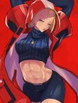  1girl abs arms_up blonde_hair blue_eyes cammy_white crop_top highres hood hooded_jacket jacket navel official_alternate_costume one_eye_closed open_clothes open_jacket parted_lips red_background red_jacket scar scar_on_face short_hair short_shorts shorts solo stomach street_fighter street_fighter_6 turtleneck yuenibushi 