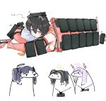  4girls animal_ears ballistic_shield bare_shoulders black_hair blue_archive blush breasts closed_eyes elbow_gloves era_bricks_(meme) floating_headgear florks flukhan gloves gun halo headgear hibiki_(blue_archive) highres long_hair meme multiple_girls purple_hair raccoon_ears reactive_armor red_gloves sideboob sideless_outfit skorpion_vz._61 sleeping submachine_gun tsubaki_(blue_archive) utaha_(blue_archive) weapon yuuka_(blue_archive) 