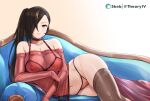  1girl absurdres aegis_(nerocc) bare_shoulders blush bra breasts brown_eyes brown_hair cleavage commentary_request commission couch covered_nipples detached_sleeves feet_out_of_frame fire_emblem fire_emblem_fates gloves hair_over_one_eye highres indoors kagero_(fire_emblem) large_breasts lingerie long_hair looking_at_viewer lying on_couch on_side panties pink_panties ponytail psd_available revealing_clothes see-through simple_background skeb_commission smile thighhighs thong underwear 