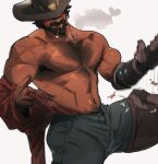  1boy bara beard blue_pants cassidy_(overwatch) chest_hair chris_sdd cigar cowboy_hat facial_hair hat highres large_pectorals male_focus mature_male mechanical_arms muscular muscular_male navel navel_hair nipples overwatch overwatch_1 pants pectorals red_shirt scar scar_on_arm shirt simple_background single_mechanical_arm smile smoking solo white_background 