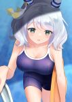  1girl absurdres animal_ears blush breasts brown_eyes cleavage commentary_request crying ear_covers grey_hair highres hishi_miracle_(umamusume) horse_ears horse_girl large_breasts medium_hair open_mouth partial_commentary school_swimsuit solo swimsuit uine_(bobhairshuki) umamusume 