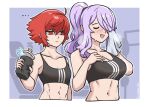  2girls :d ahoge alternate_costume alternate_hairstyle bare_arms bare_shoulders blush breasts burnt_green_tea camilla_(fire_emblem) cleavage closed_eyes collarbone commentary crop_top fire_emblem fire_emblem_fates hair_over_one_eye highres hinoka_(fire_emblem) holding large_breasts midriff multiple_girls navel open_mouth ponytail purple_hair red_eyes red_hair short_hair small_breasts smile sports_bra stomach sweat 